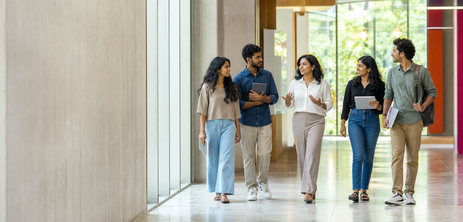 Students and a mentor walking together through campus