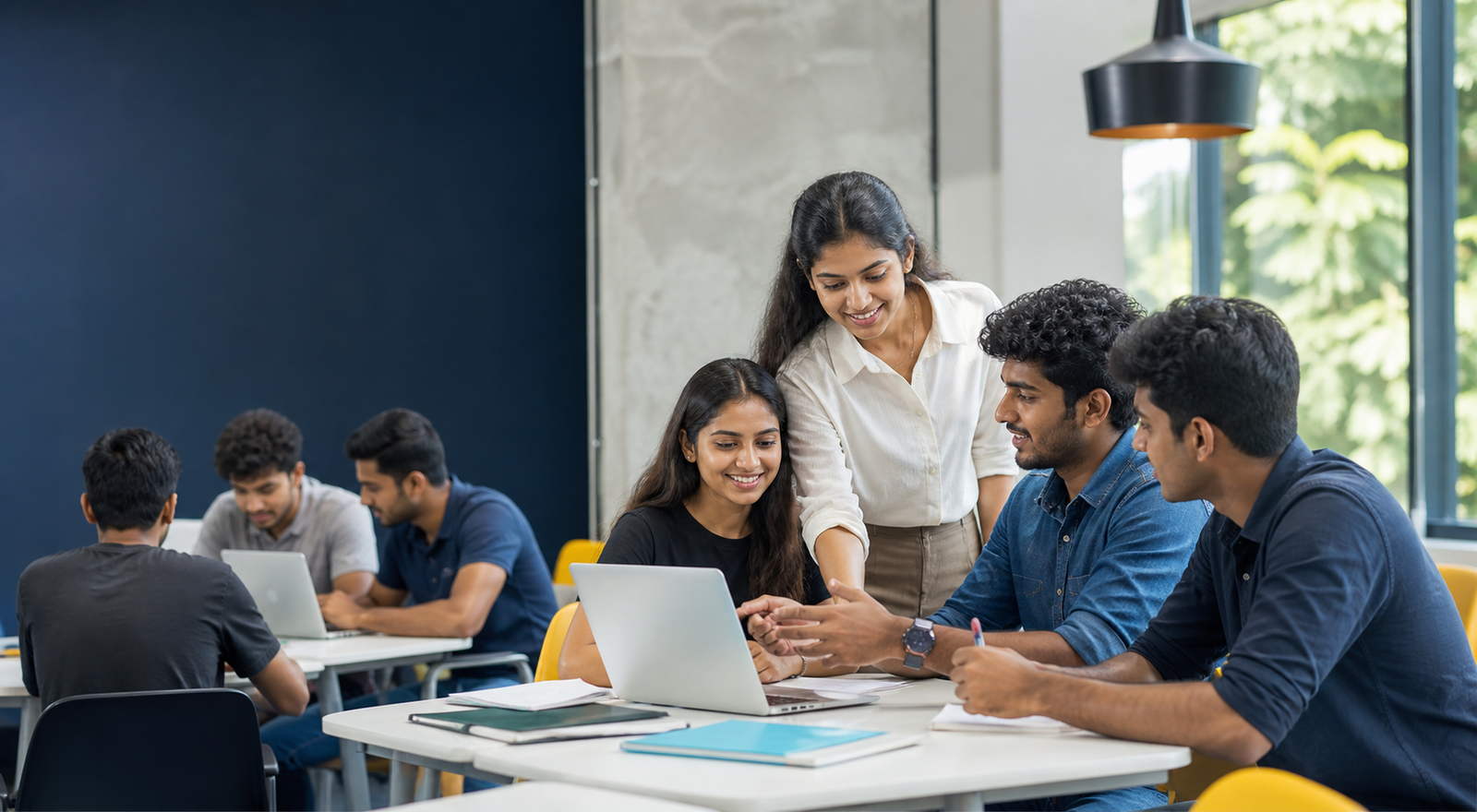 Students learning collaboratively in a modern classroom